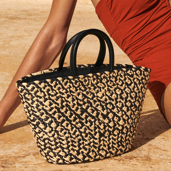 Top Handle Raffia Tote Black Mélange Kassatex