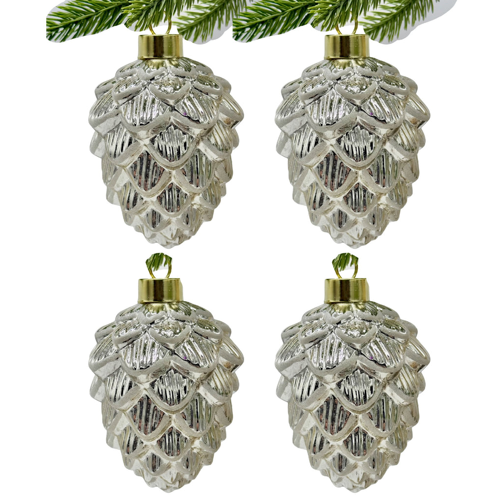Glass Pinecone Ornaments, Set of 4 Silver