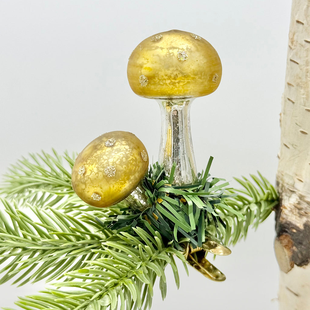 Glass Mushroom Ornament Clips, Set of 3 Gold