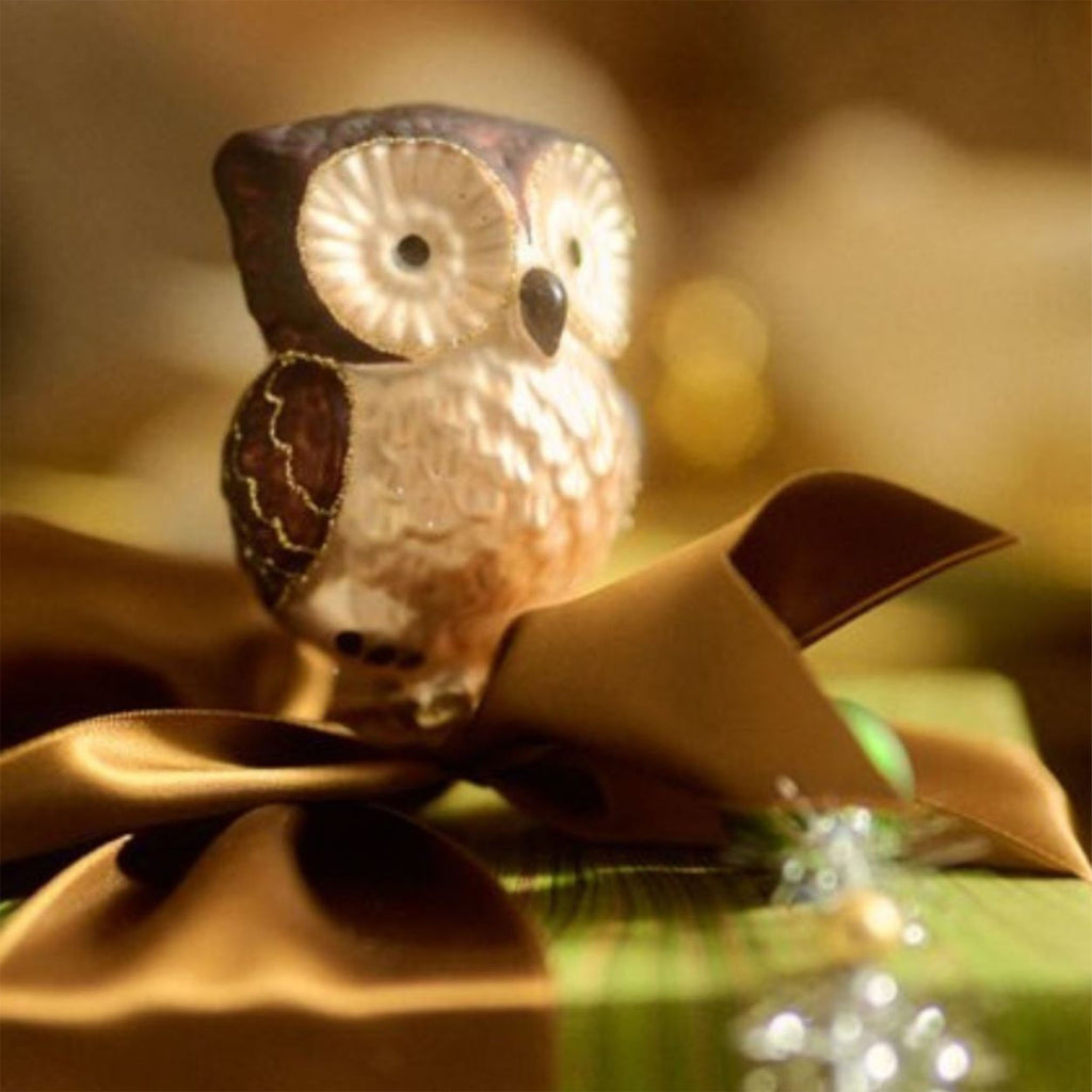 Glass Owl Ornament Clip Brown