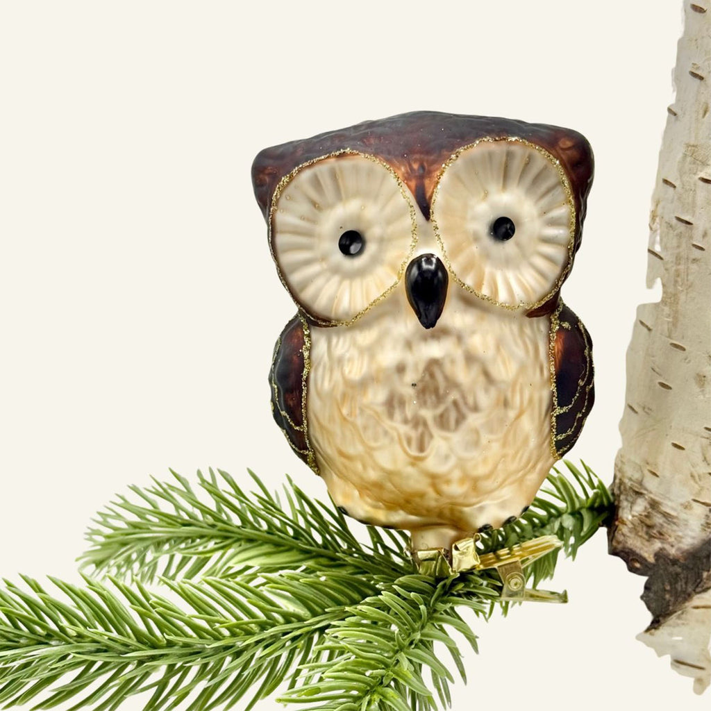 Glass Owl Ornament Clip Brown