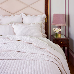 The Chairish x Kassatex collection featuring Quilted Coverlets & Shams in hues of blush and taupe
