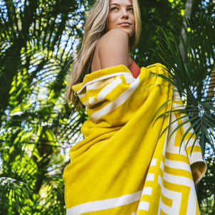 Greek Key Reversible Beach Towels White/Yellow