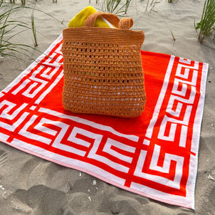 Greek Key Reversible Beach Towels White/Mandarin Red