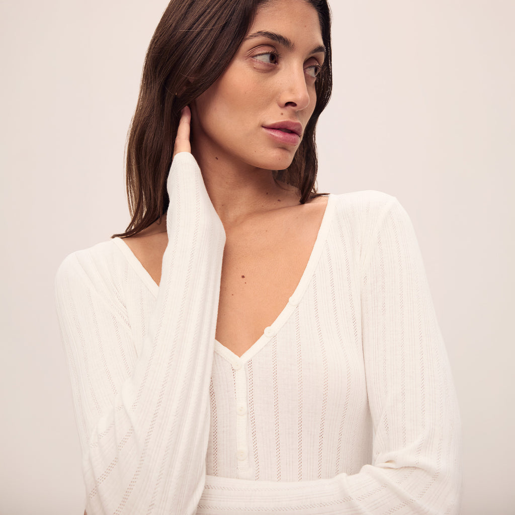 Eberjey Pointelle V Neck Henley Ivory
