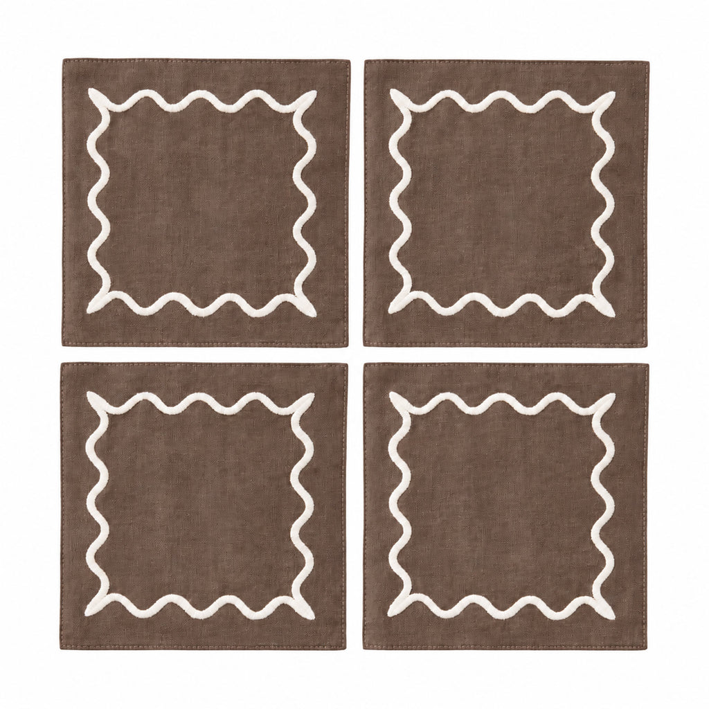 Ripple Embroidered Cocktail Napkin, Set of 4 Brown/Ivory