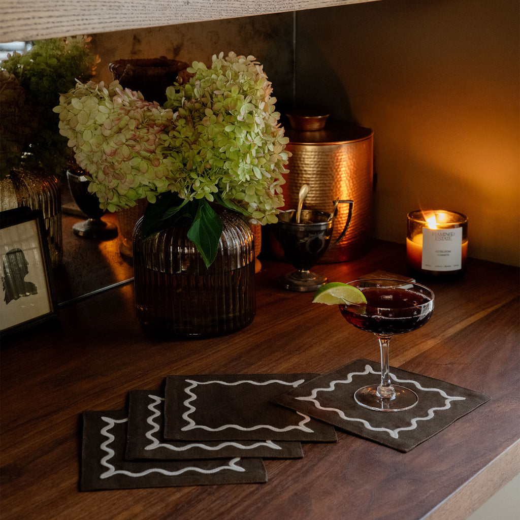 Ripple Embroidered Cocktail Napkin, Set of 4 Brown/Ivory