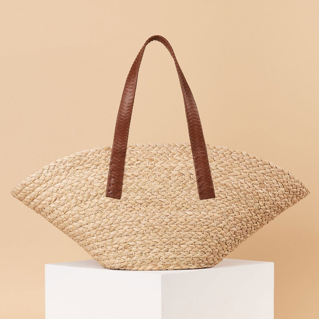 Natural Straw & Leather Market Bag Double Handle Top Zipper 
