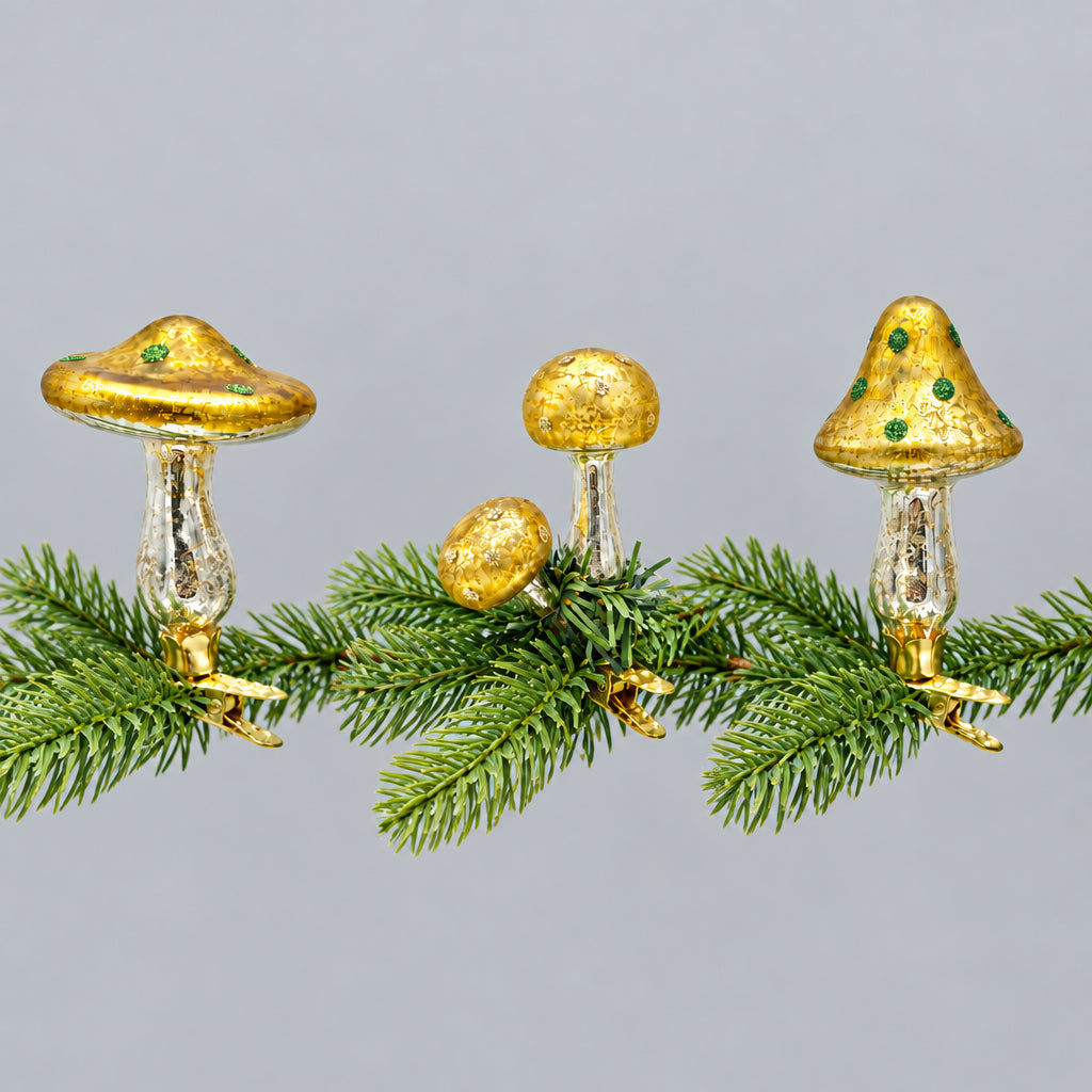 Glass Mushroom Ornament Clips, Set of 3 Three mushroom ornaments on one branch