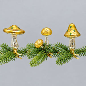 Glass Mushroom Ornament Clips, Set of 3 Three mushroom ornaments on one branch