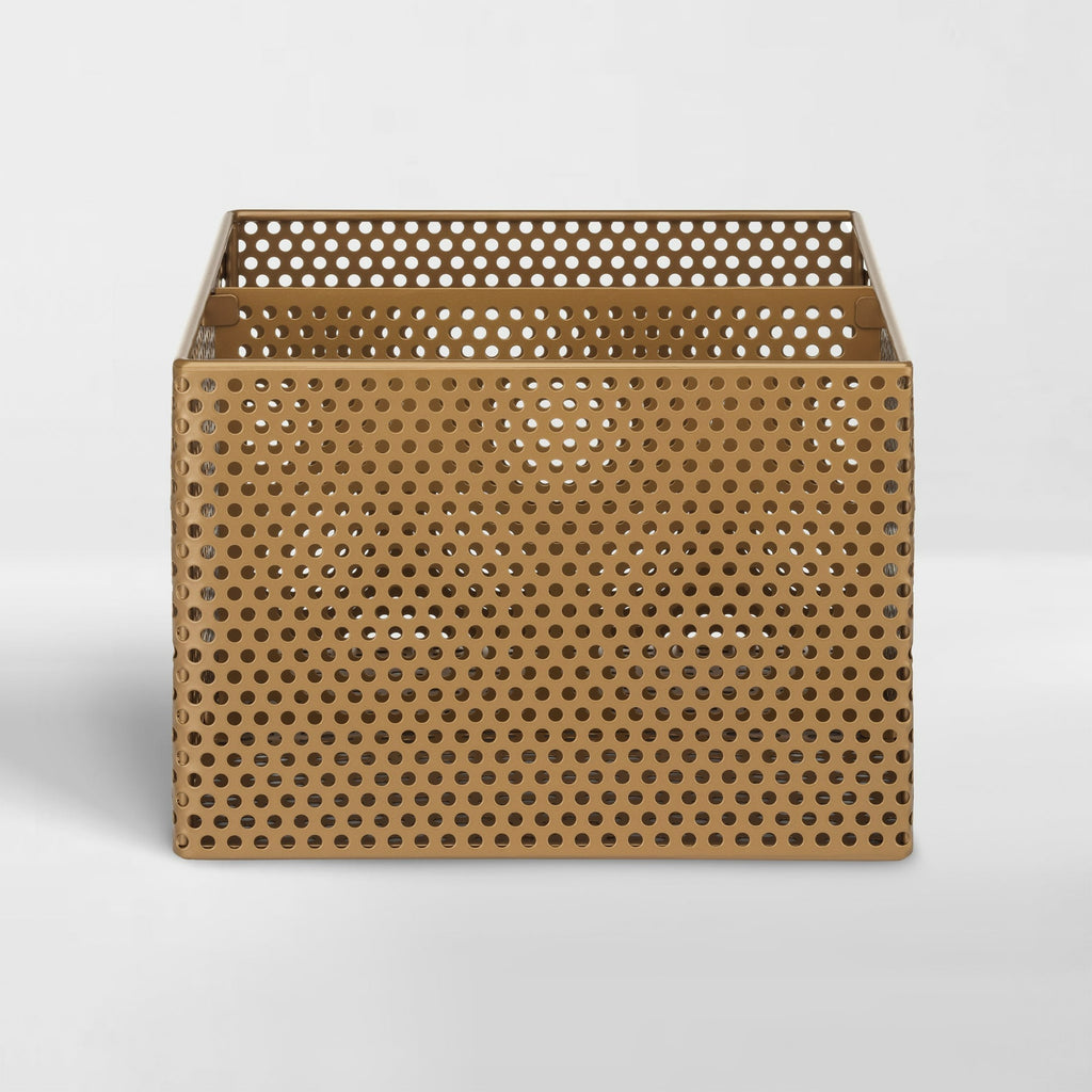 NeatMethod Perforated Brass Acacia Wood Storage Basket
